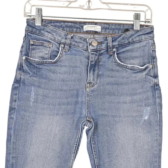 Zara Skinny Jeans Premium 80's Erna  Blue Denim Distressed Frayed Hem Size 6 - Picture 5 of 9